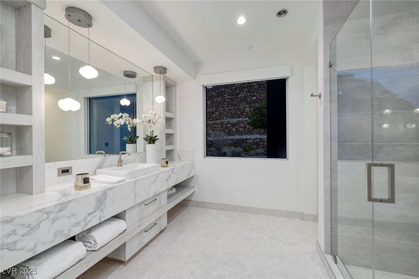 Bathroom, Dual Sink Vanities, Glass Shower, Interior, Pendant Lights, Recessed Lighting