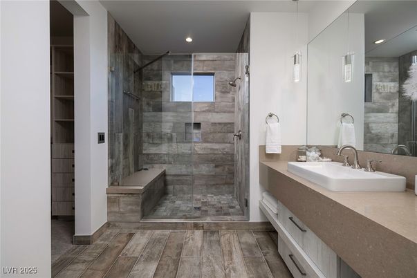 Bathroom, Glass Shower, Interior, Recessed Lighting, Wood Texture Flooring