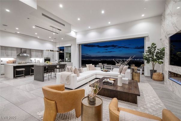 Fireplace, Interior, Kitchen, Living room, Marble Walls, Pendant Lights, Recessed Lighting, Stainless Steel Appliances