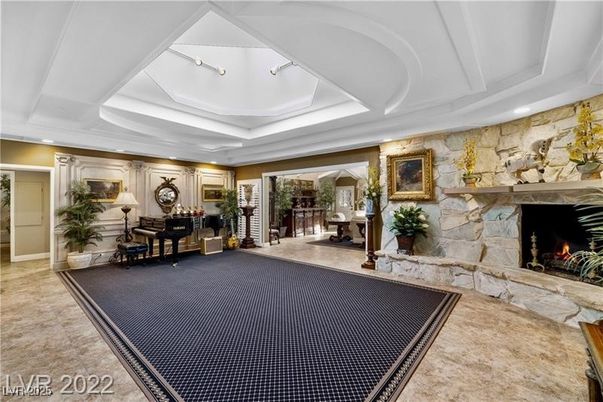 Fireplace, Interior, Piano, Recessed Lighting, Stone Walls