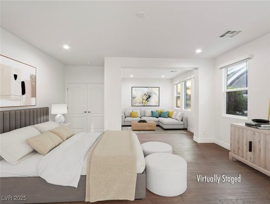 Bedroom, Interior, Recessed Lighting, Wood Texture Flooring