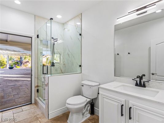 Bathroom, Glass Shower, Interior, Marble Walls, Recessed Lighting