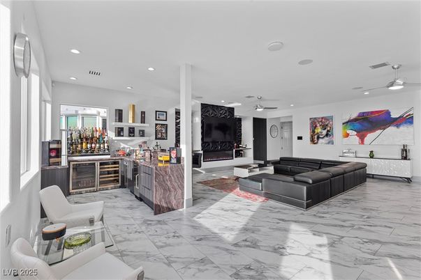 Fireplace, Interior, Living room, Marble, Recessed Lighting