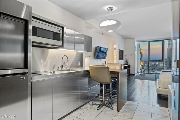 Dining room, Interior, Kitchen, Pendant Lights, Stainless Steel Appliances, Water, Wood Texture Flooring