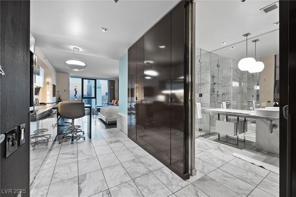 Bathroom, Bedroom, Glass Shower, Interior, Marble, Pendant Lights, Recessed Lighting
