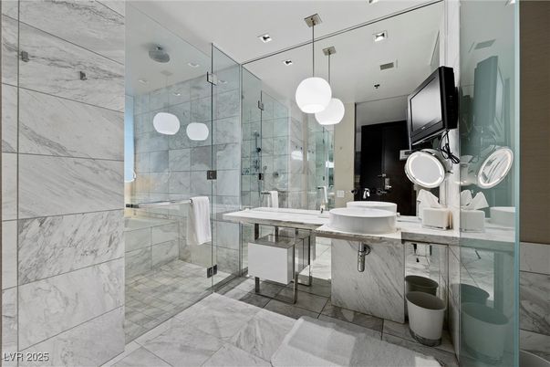 Bathroom, Glass Shower, Interior, Marble Walls, Pendant Lights, Recessed Lighting