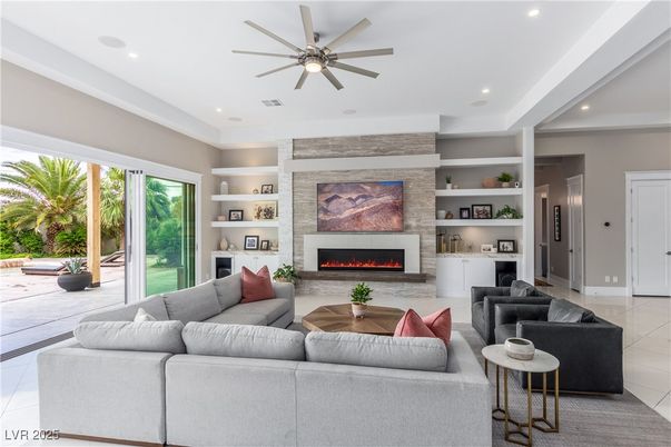 Fireplace, Interior, Living room, Recessed Lighting, Stone Walls