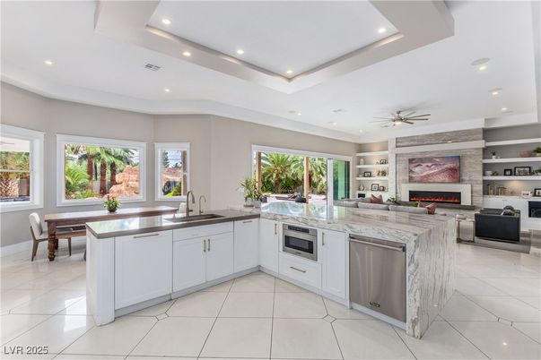 Dining room, Fireplace, Interior, Kitchen, Living room, Recessed Lighting, Stainless Steel Appliances
