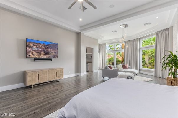 Bedroom, Interior, Pendant Lights, Recessed Lighting, Wood Texture Flooring
