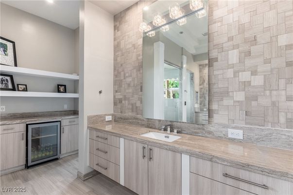 Bathroom, Interior, Recessed Lighting, Stone Walls, Wood Texture Flooring