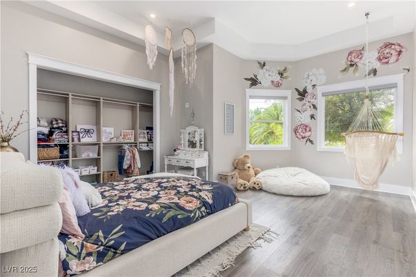 Bedroom, Interior, Pendant Lights, Recessed Lighting, Wood Texture Flooring