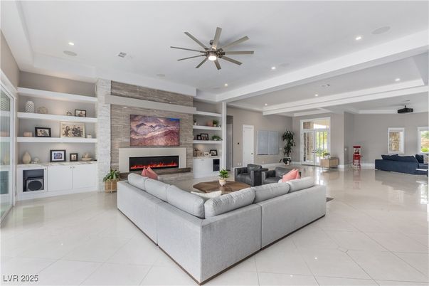 Fireplace, Interior, Living room, Recessed Lighting, Stone Walls