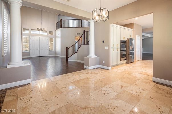 Chandelier, Interior, Kitchen, Pendant Lights, Recessed Lighting, Stainless Steel Appliances, Wood Texture Flooring
