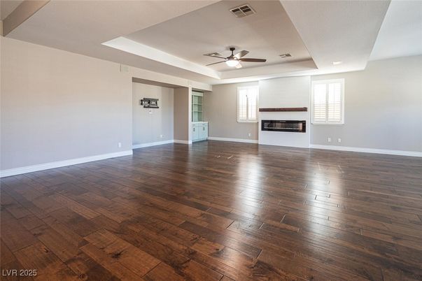 Empty room, Fireplace, Interior, Recessed Lighting, Wood Texture Flooring