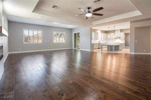 Empty room, Interior, Kitchen, Pendant Lights, Recessed Lighting, Wood Texture Flooring