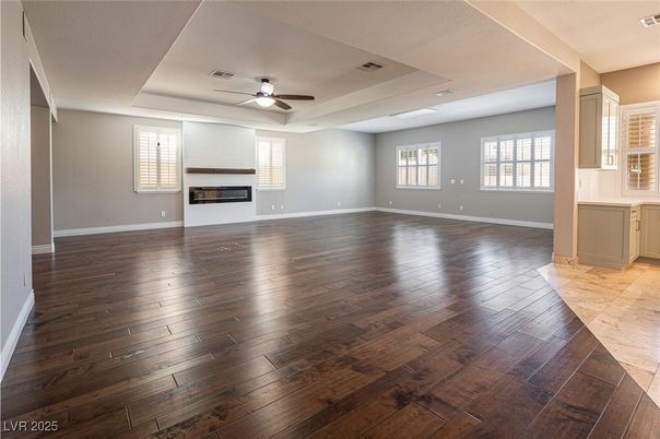 Empty room, Fireplace, Interior, Recessed Lighting, Wood Texture Flooring