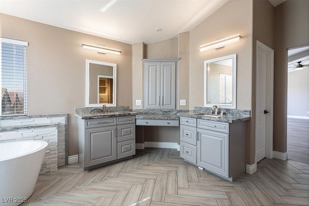 Bathroom, Dual Sink Vanities, Free Standing Baths, Interior, Wood Texture Flooring