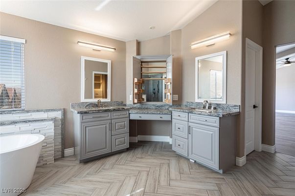 Bathroom, Dual Sink Vanities, Free Standing Baths, Interior, Wood Texture Flooring