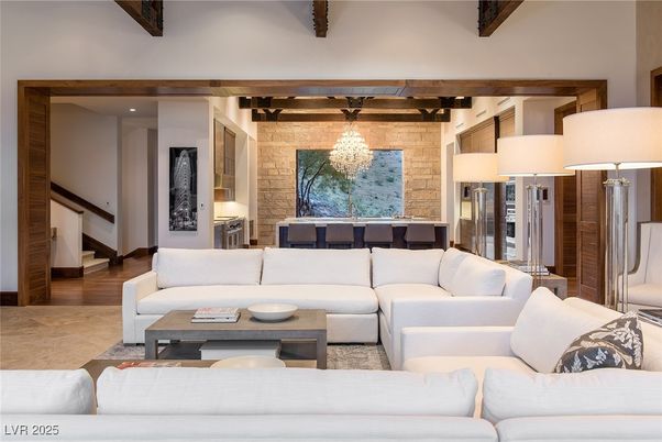 Chandelier, Dining room, Interior, Living room, Stone Walls, Wooden Beams, Wood Texture Flooring
