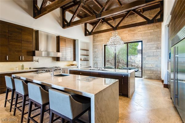 Chandelier, Interior, Kitchen, Stainless Steel Appliances, Stone Walls, Wooden Beams, Wooden Ceilings