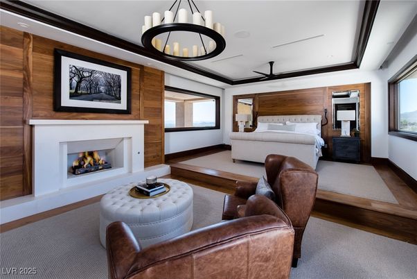 Bedroom, Chandelier, Fireplace, Interior, Living room, Recessed Lighting, Wooden Walls