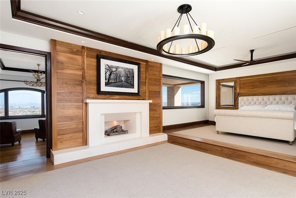 Fireplace, Interior, Pendant Lights, Recessed Lighting, Wood Texture Flooring, Wooden Walls
