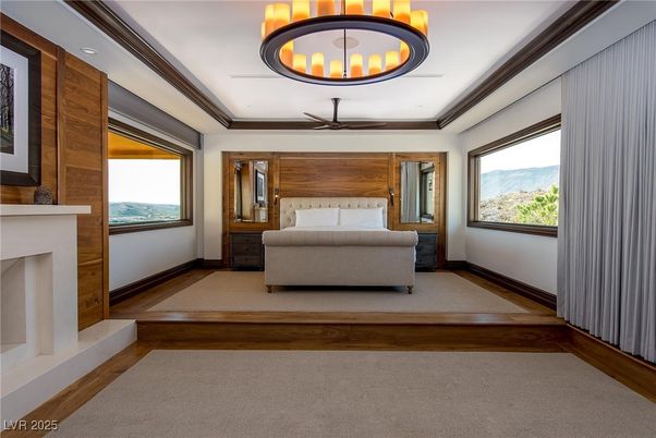 Bedroom, Fireplace, Interior, Pendant Lights, Wood Texture Flooring
