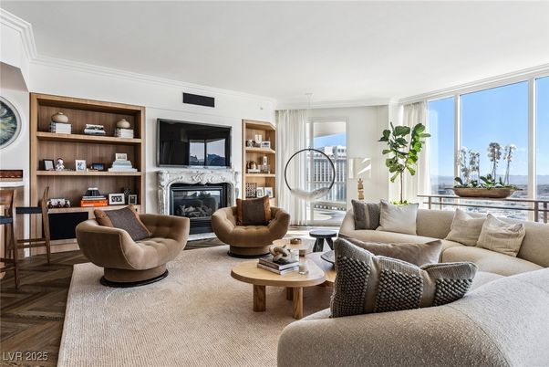 Fireplace, Interior, Living room, Pendant Lights, Water, Wood Texture Flooring