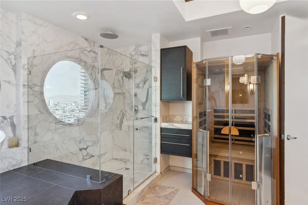 Bathroom, Glass Shower, Interior, Marble Walls, Recessed Lighting, Sauna Room