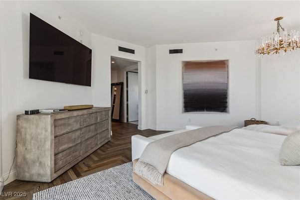 Bedroom, Chandelier, Interior, Wood Texture Flooring