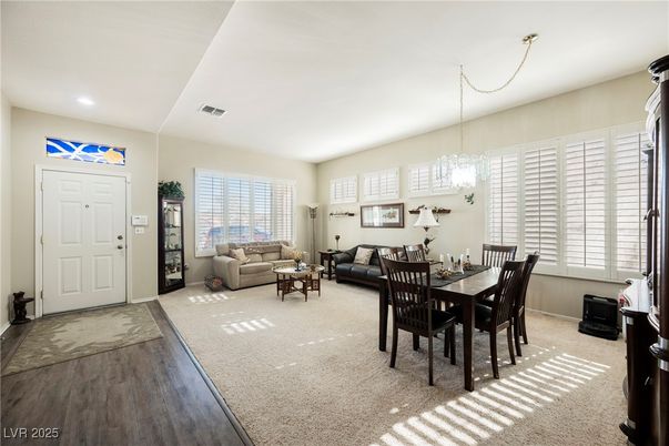 Dining room, Interior, Living room, Pendant Lights, Recessed Lighting, Wood Texture Flooring