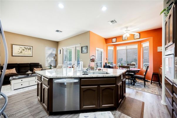 Dining room, Interior, Kitchen, Recessed Lighting, Wood Texture Flooring