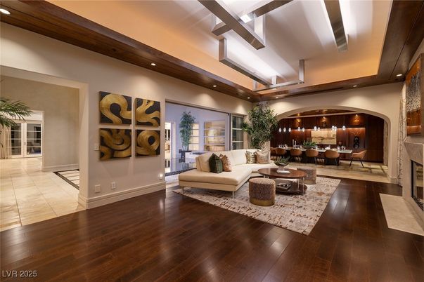 Dining room, Fireplace, Interior, Living room, Recessed Lighting, Wood Texture Flooring
