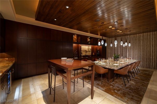 Dining room, Interior, Pendant Lights, Recessed Lighting, Wooden Ceilings