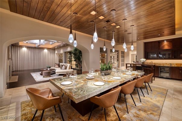 Dining room, Interior, Kitchen, Living room, Pendant Lights, Recessed Lighting, Wooden Ceilings