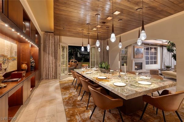Dining room, Fireplace, Interior, Living room, Pendant Lights, Wooden Ceilings