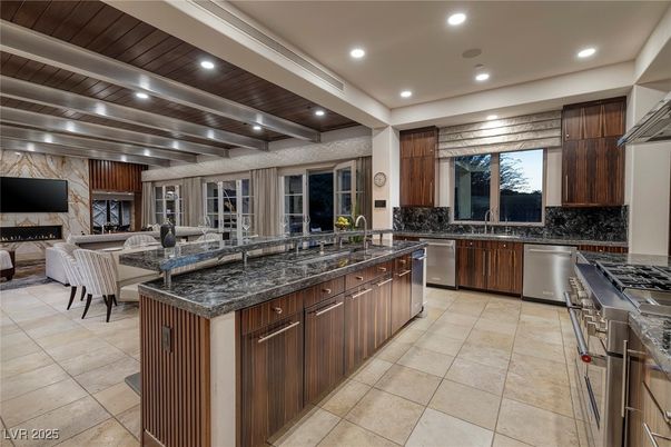 Fireplace, Interior, Kitchen, Living room, Recessed Lighting, Stainless Steel Appliances, Wooden Ceilings
