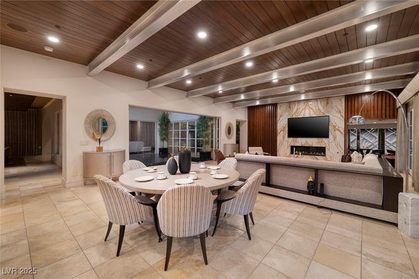 Dining room, Fireplace, Interior, Living room, Recessed Lighting, Wooden Beams, Wooden Ceilings