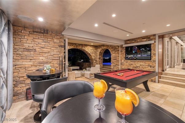 Billiard Table, Game Room, Interior, Recessed Lighting, Stone Walls