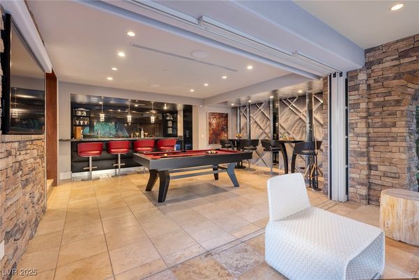 Billiard Table, Game Room, Interior, Pendant Lights, Recessed Lighting, Stone Walls