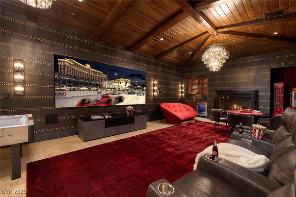 Chandelier, Fireplace, Interior, Living room, Recessed Lighting, Wooden Beams, Wooden Ceilings