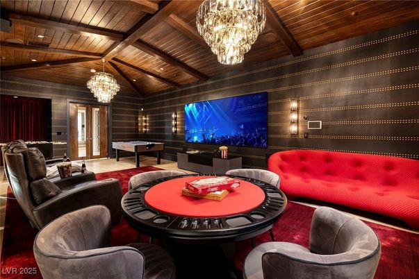 Billiard Table, Chandelier, Game Room, Interior, Living room, Recessed Lighting, Wooden Beams, Wooden Ceilings