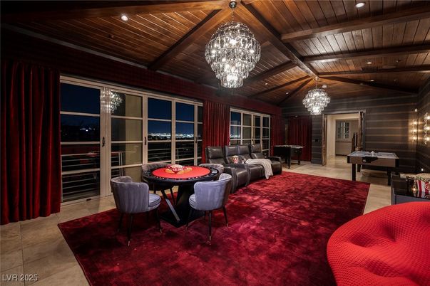 Billiard Table, Chandelier, Dining room, Game Room, Interior, Living room, Recessed Lighting, Wooden Beams, Wooden Ceilings