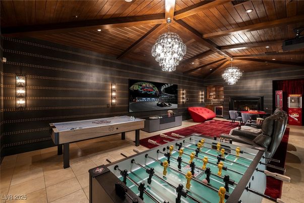 Billiard Table, Chandelier, Fireplace, Game Room, Interior, Living room, Recessed Lighting, Wooden Beams, Wooden Ceilings