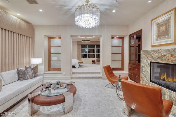 Chandelier, Fireplace, Interior, Living room, Recessed Lighting