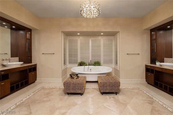 Bathroom, Dual Sink Vanities, Free Standing Baths, Interior, Pendant Lights, Recessed Lighting