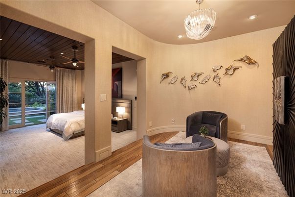 Bedroom, Interior, Pendant Lights, Recessed Lighting, Wood Texture Flooring