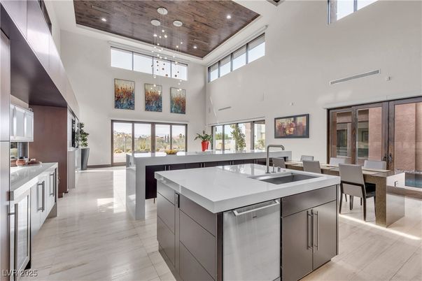 Dining room, Interior, Kitchen, Pendant Lights, Recessed Lighting, Wooden Ceilings, Wood Texture Flooring