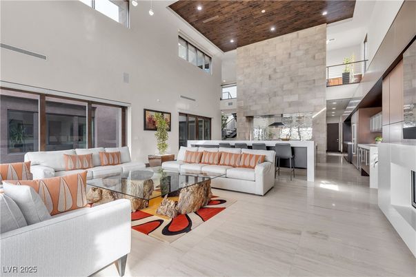 Interior, Living room, Recessed Lighting, Stone Walls, Wooden Ceilings