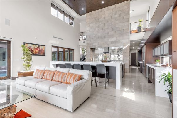 Fireplace, Interior, Kitchen, Living room, Recessed Lighting, Stone Walls, Wooden Ceilings